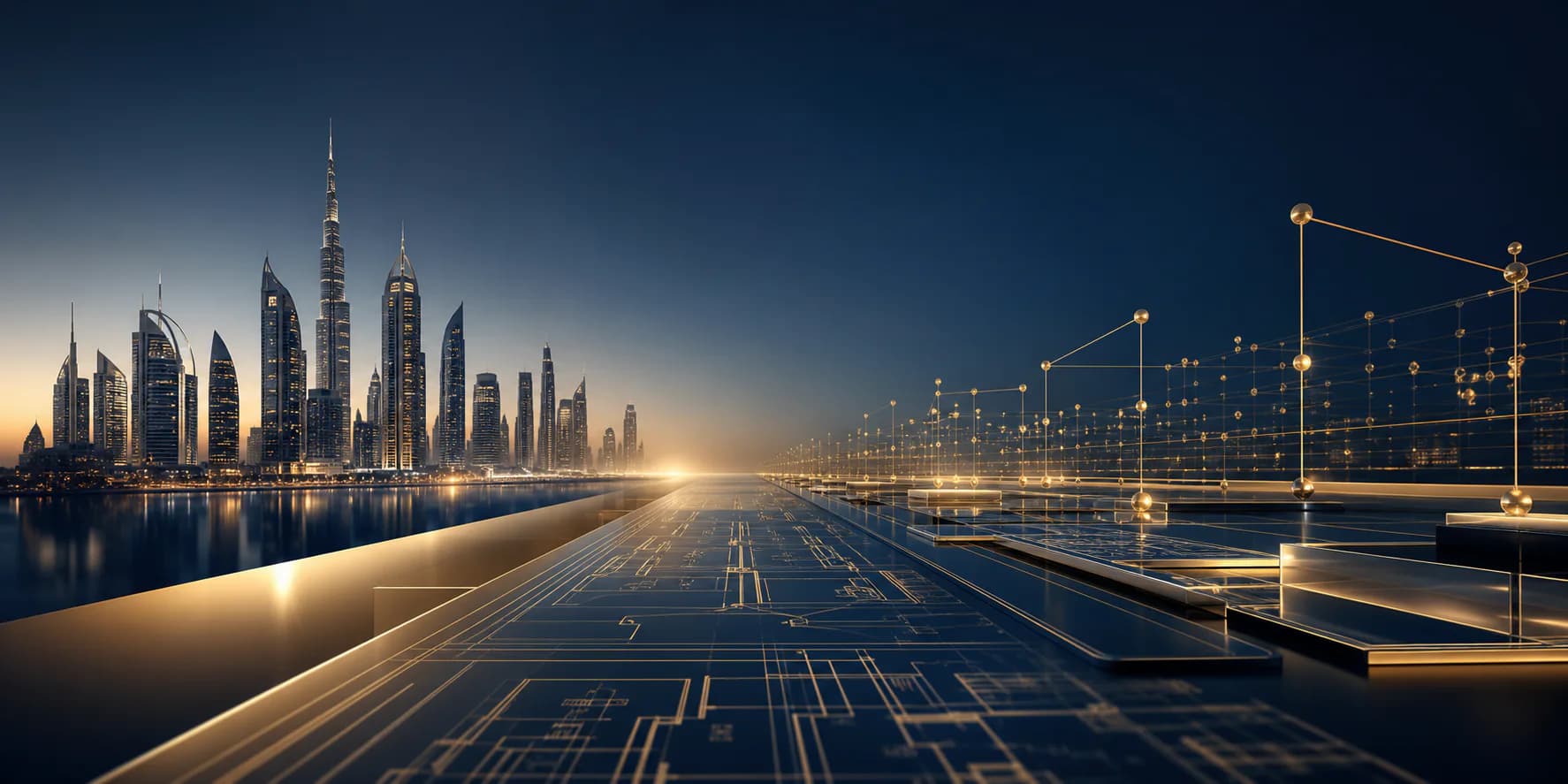 UAE property skyline transitioning into a connected digital operating blueprint